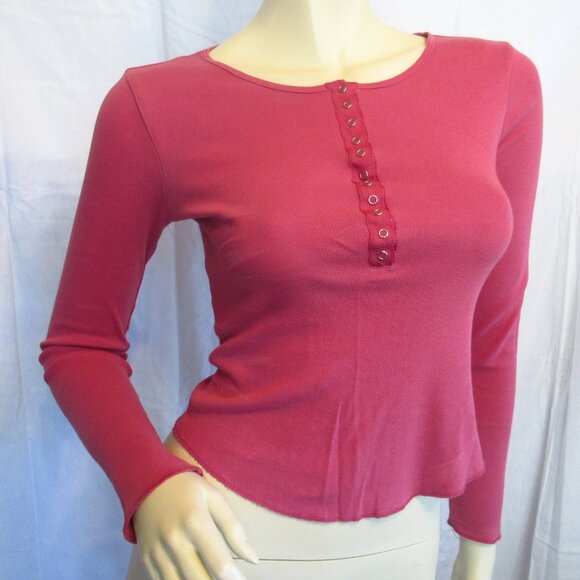 Y2K Vintage Express Pink Long Sleeve Henley Top Preppy Indie Sleaze Layering Tee - Picture 7 of 16